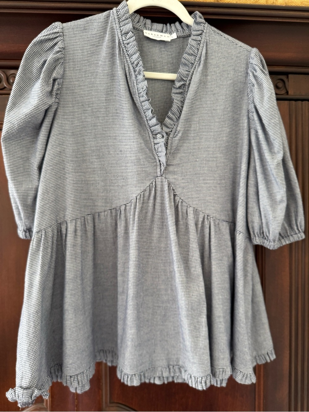Harshman Aliya Blouse Blue Houndstooth Cotton| size L